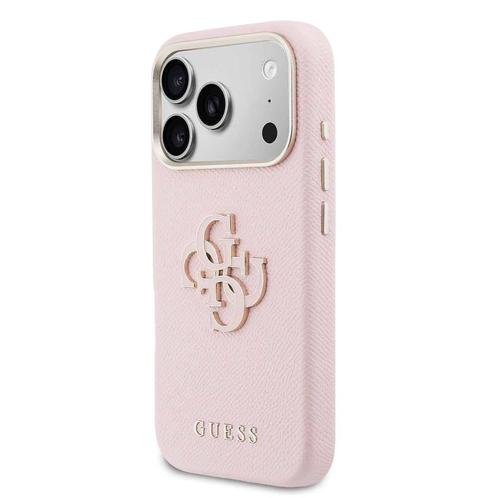 Apple iPhone 17 Pro Max Kılıf Guess Orjinal Lisanslı 4G Büyük Metal Kamera Çerçeveli PU Deri Resin Kapak Pembe