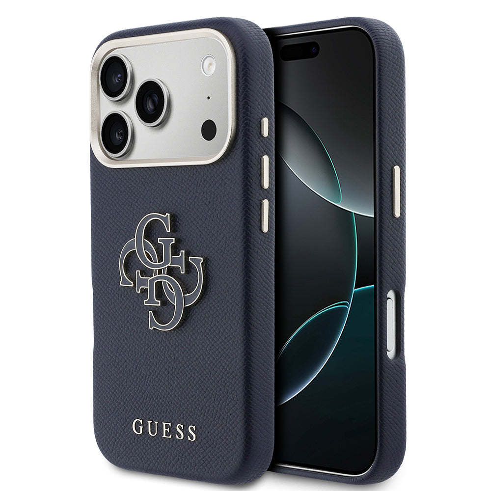 Apple iPhone 17 Pro Max Kılıf Guess Orjinal Lisanslı 4G Büyük Metal Kamera Çerçeveli PU Deri Resin Kapak Mavi
