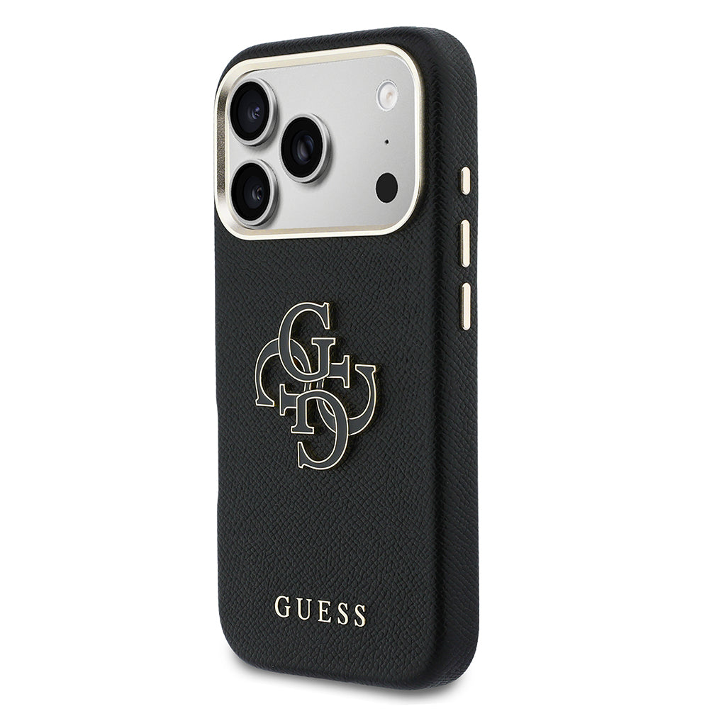 Apple iPhone 17 Pro Max Kılıf Guess Orjinal Lisanslı 4G Büyük Metal Kamera Çerçeveli PU Deri Resin Kapak Siyah