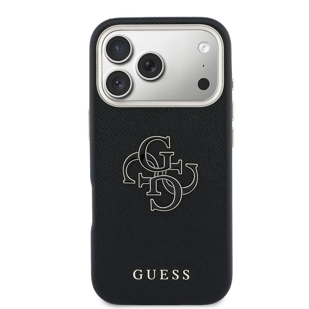 Apple iPhone 17 Pro Max Kılıf Guess Orjinal Lisanslı 4G Büyük Metal Kamera Çerçeveli PU Deri Resin Kapak Siyah