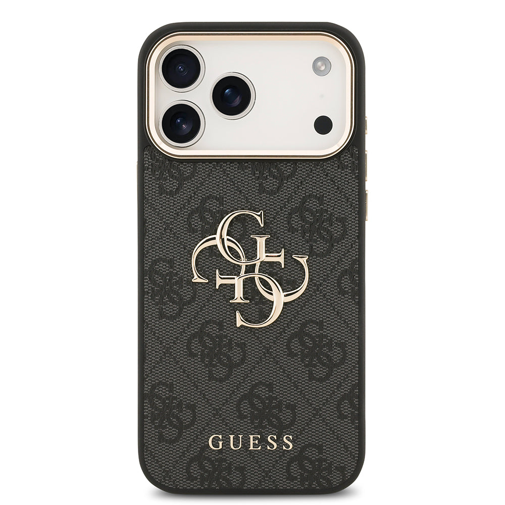 Apple iPhone 17 Pro Max Kılıf Guess Orjinal Lisanslı Gold Metal Kamera Çerçeveli 4G Desenli Metal Büyük 4G ve Yazı Logolu Kapak Siyah