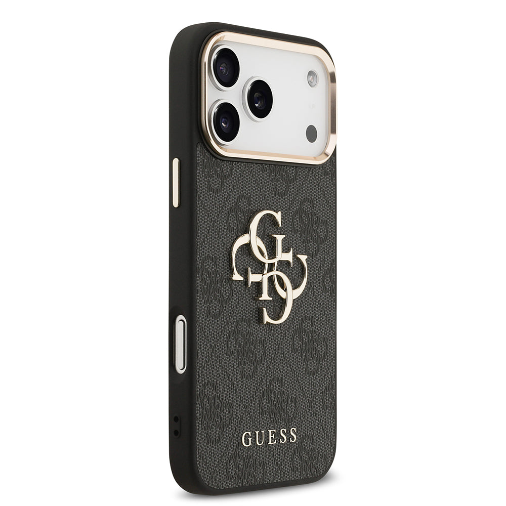 Apple iPhone 17 Pro Max Kılıf Guess Orjinal Lisanslı Gold Metal Kamera Çerçeveli 4G Desenli Metal Büyük 4G ve Yazı Logolu Kapak Siyah