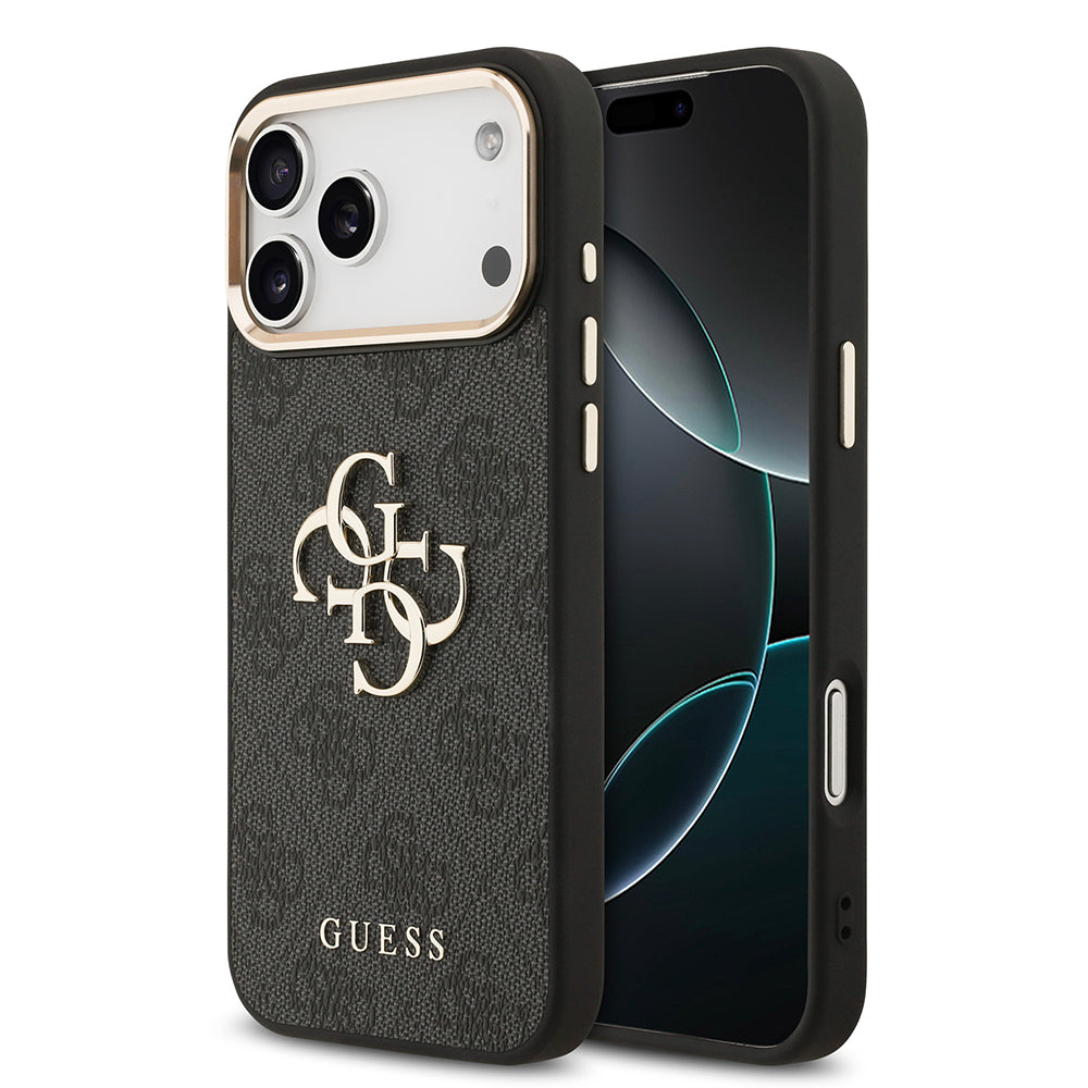 Apple iPhone 17 Pro Max Kılıf Guess Orjinal Lisanslı Gold Metal Kamera Çerçeveli 4G Desenli Metal Büyük 4G ve Yazı Logolu Kapak Siyah