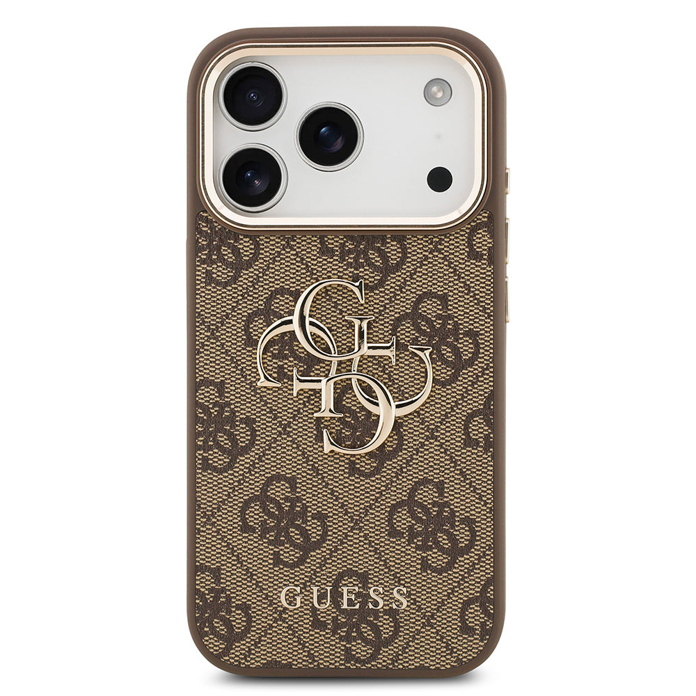 Apple iPhone 17 Pro Max Kılıf Guess Orjinal Lisanslı Gold Metal Kamera Çerçeveli 4G Desenli Metal Büyük 4G ve Yazı Logolu Kapak Kahverengi
