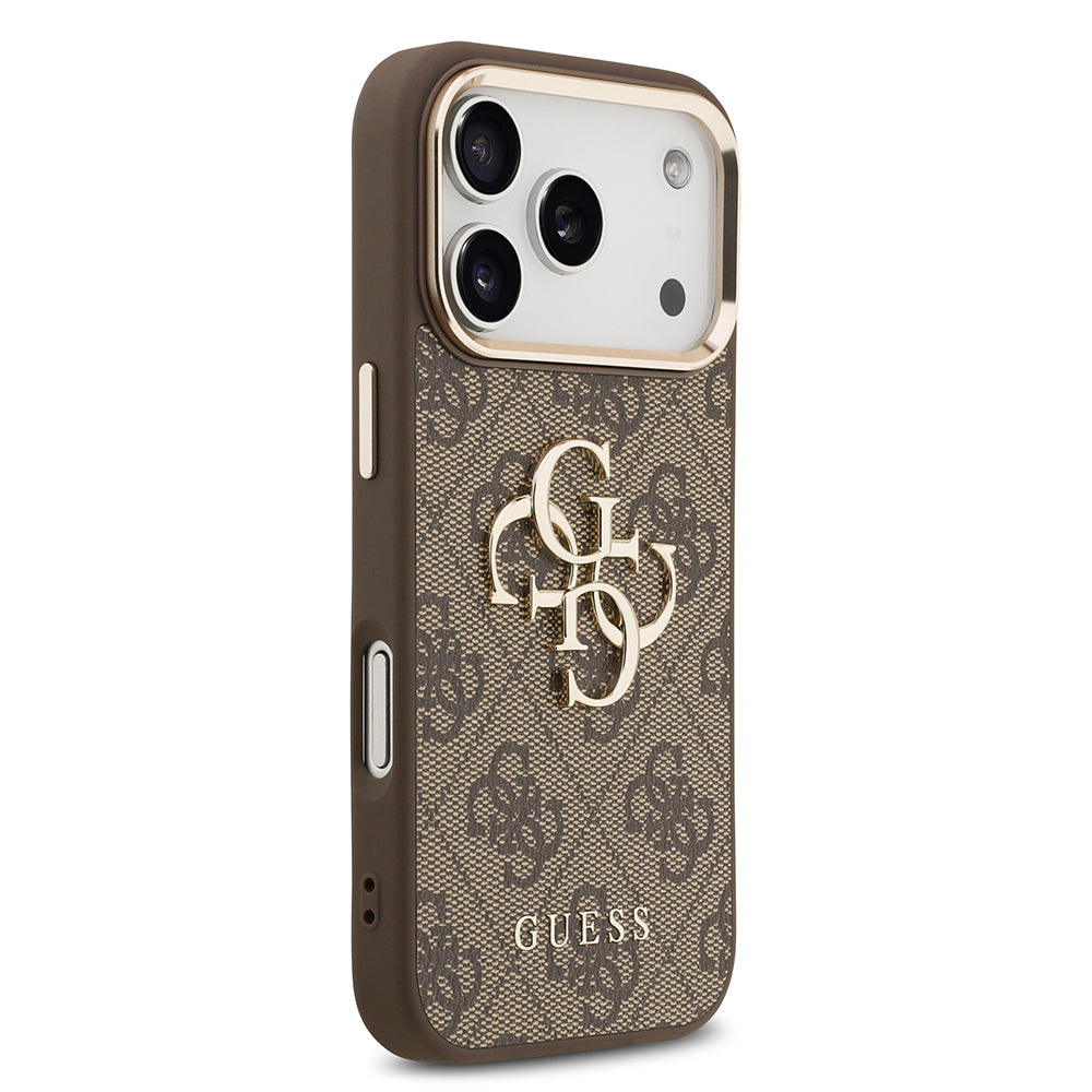 Apple iPhone 17 Pro Max Kılıf Guess Orjinal Lisanslı Gold Metal Kamera Çerçeveli 4G Desenli Metal Büyük 4G ve Yazı Logolu Kapak Kahverengi