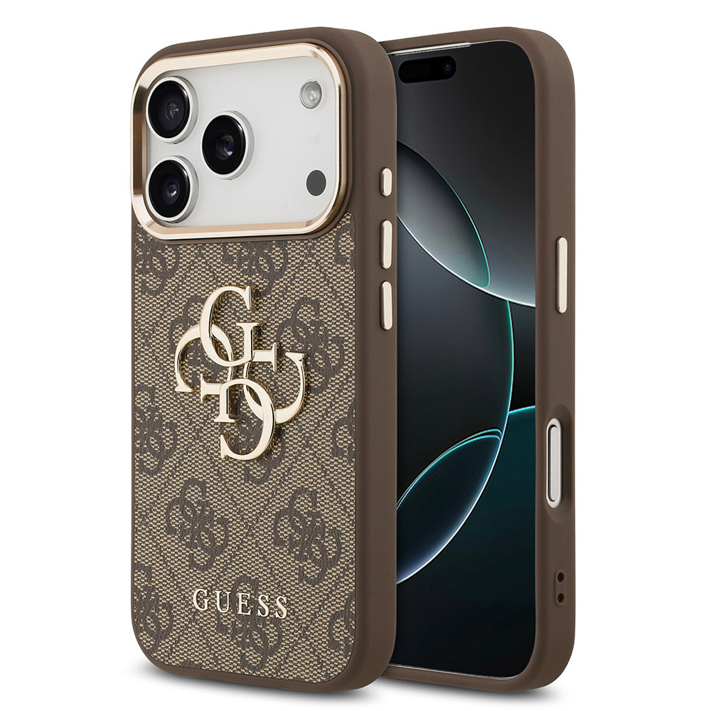 Apple iPhone 17 Pro Max Kılıf Guess Orjinal Lisanslı Gold Metal Kamera Çerçeveli 4G Desenli Metal Büyük 4G ve Yazı Logolu Kapak Kahverengi
