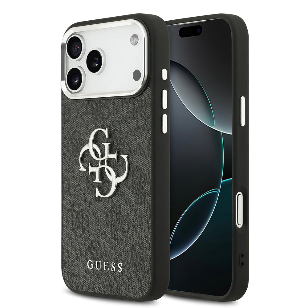 Apple iPhone 17 Pro Max Kılıf Guess Orjinal Lisanslı Gümüş Metal Kamera Çerçeveli 4G Desenli Metal Büyük 4G ve Yazı Logolu Kapak Siyah