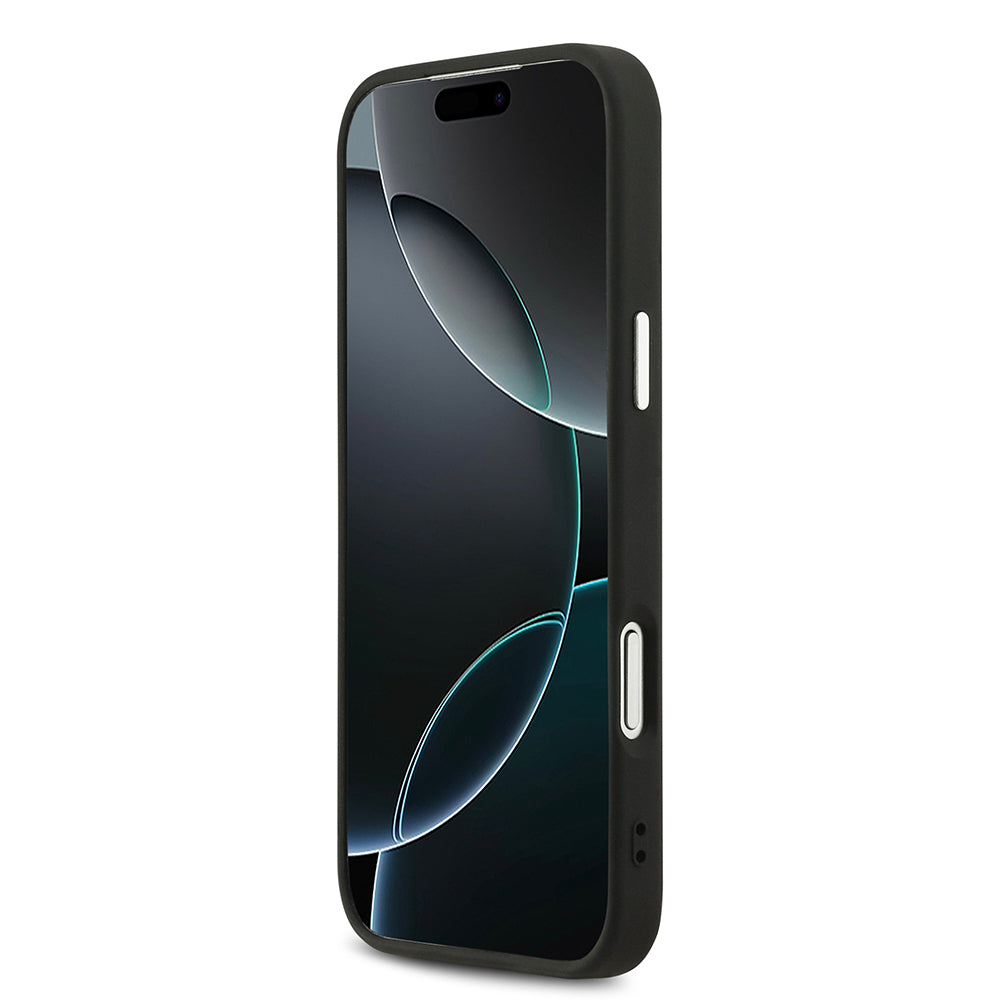 Apple iPhone 17 Pro Max Kılıf Guess Orjinal Lisanslı Gümüş Metal Kamera Çerçeveli 4G Desenli Metal Büyük 4G ve Yazı Logolu Kapak Siyah