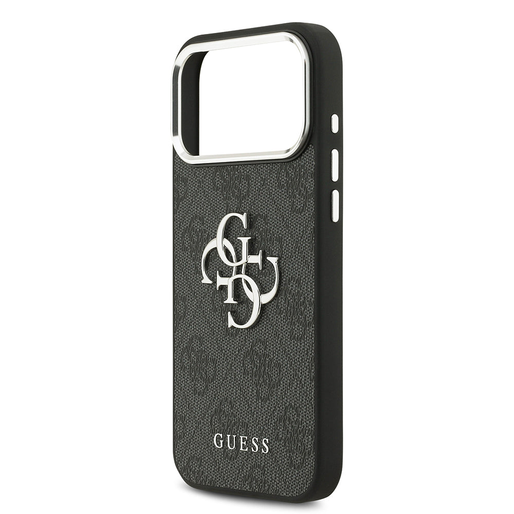 Apple iPhone 17 Pro Max Kılıf Guess Orjinal Lisanslı Gümüş Metal Kamera Çerçeveli 4G Desenli Metal Büyük 4G ve Yazı Logolu Kapak Siyah