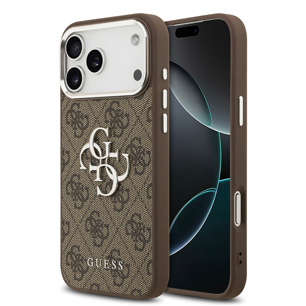 Apple iPhone 17 Pro Max Kılıf Guess Orjinal Lisanslı Gümüş Metal Kamera Çerçeveli 4G Desenli Metal Büyük 4G ve Yazı Logolu Kapak Kahverengi