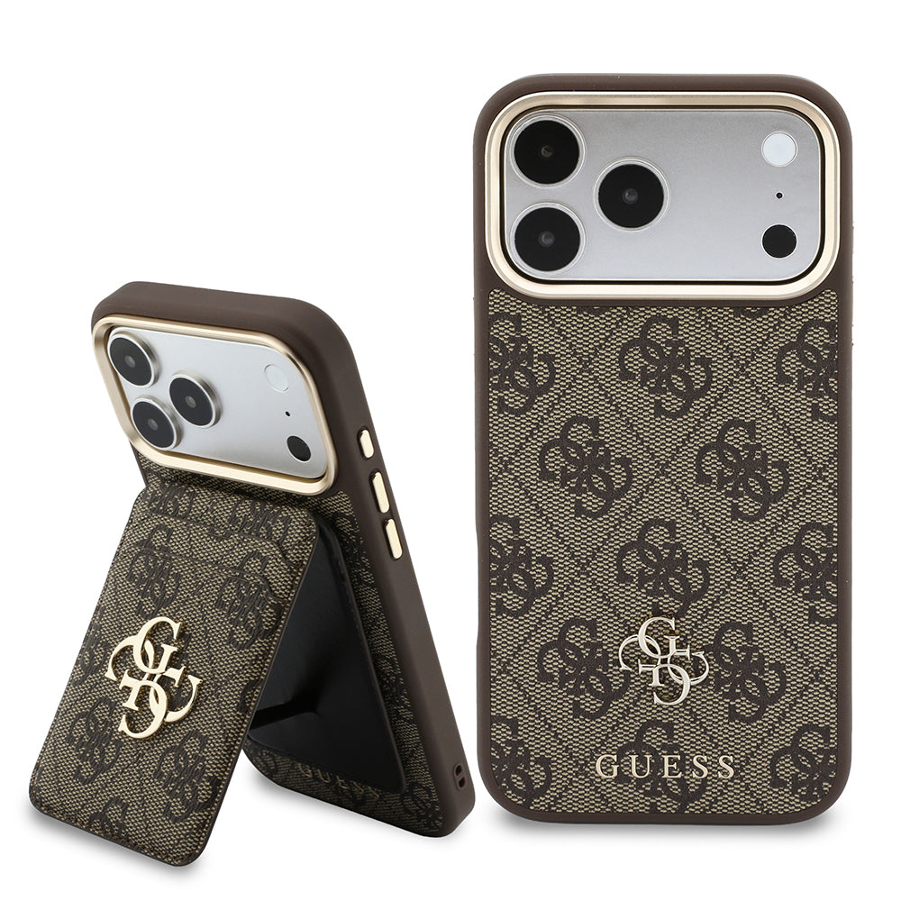 Apple iPhone 17 Pro Max Kılıf Guess Orjinal Lisanslı M-safe Şarj Özellikli 4G Büyük Metal Logolu Kartlıklı Kapak Kahverengi