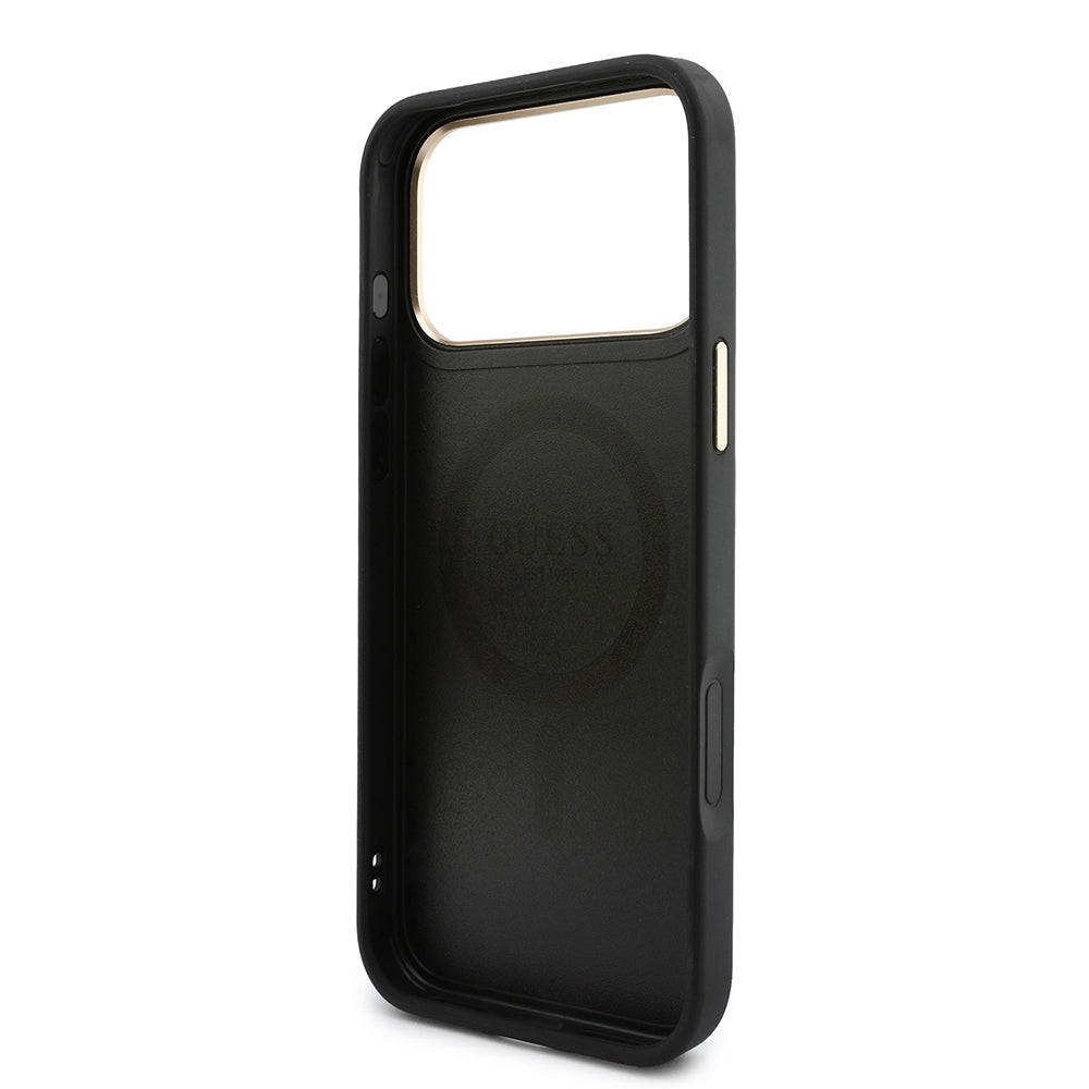 Apple iPhone 17 Pro Max Kılıf Guess Orjinal Lisanslı M-safe Şarj Özellikli 4G Büyük Metal Logolu Kartlıklı Kapak Siyah
