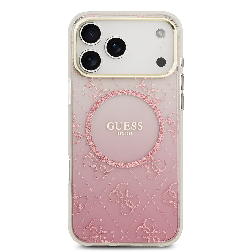 Apple iPhone 17 Pro Max Kılıf Guess Orjinal Lisanslı M-safe Şarj Özellikli 4G Desenli Simli Silikon Kapak Pembe