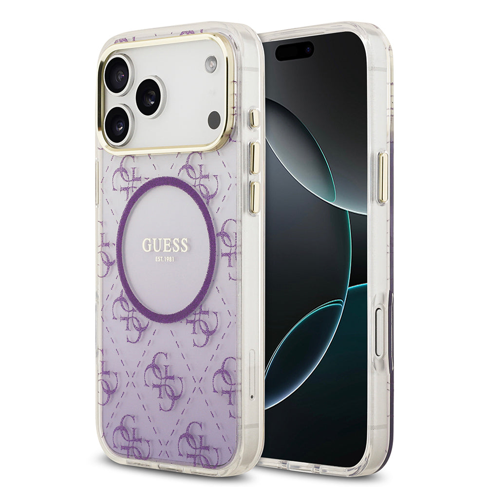 Apple iPhone 17 Pro Max Kılıf Guess Orjinal Lisanslı M-safe Şarj Özellikli 4G Desenli Simli Silikon Kapak Mor