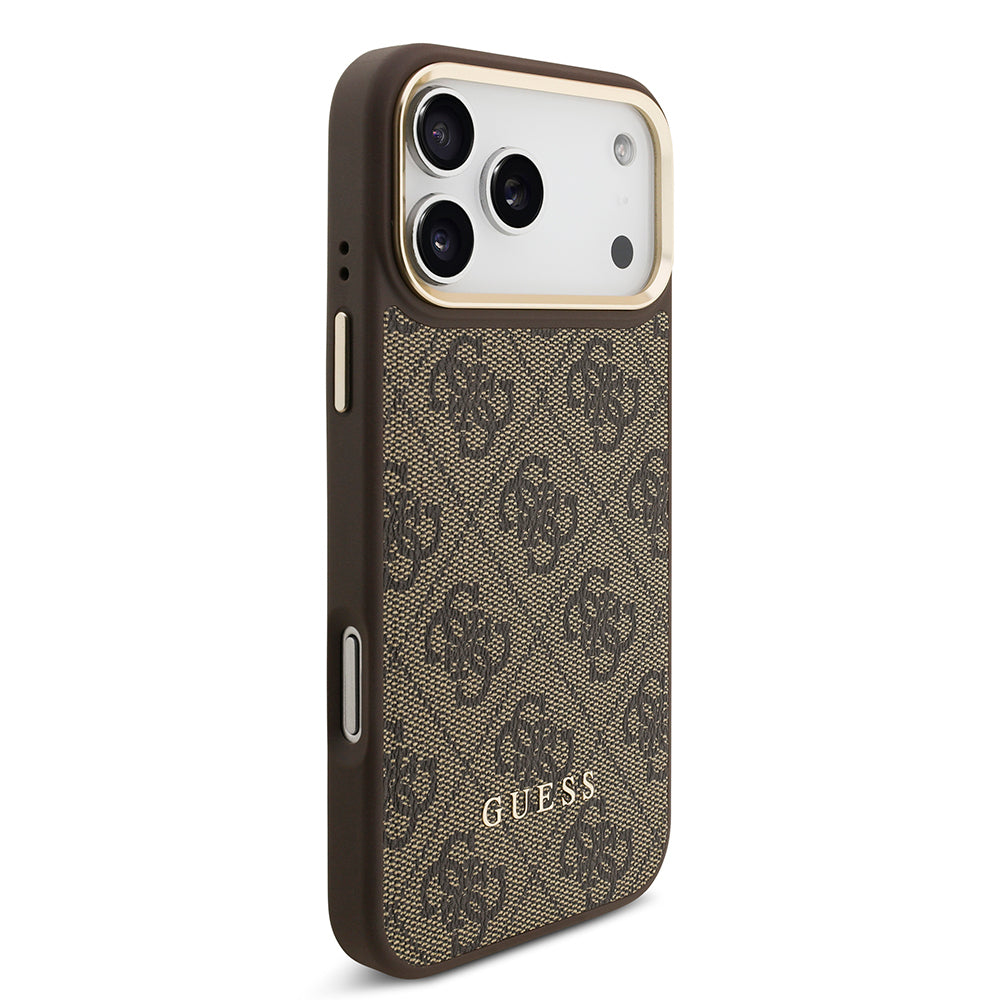 Apple iPhone 17 Pro Max Kılıf Guess Orjinal Lisanslı M-safe Şarj Özellikli 4G Metal Büyük Logolu Kartlıklı Kapak Kahverengi