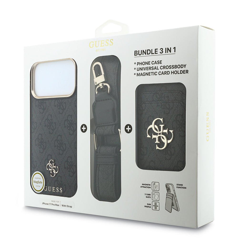 Apple iPhone 17 Pro Max Kılıf Guess Orjinal Lisanslı M-safe Şarj Özellikli Askılı ve 4G Metal Logolu Kartlıklı Kapak Siyah