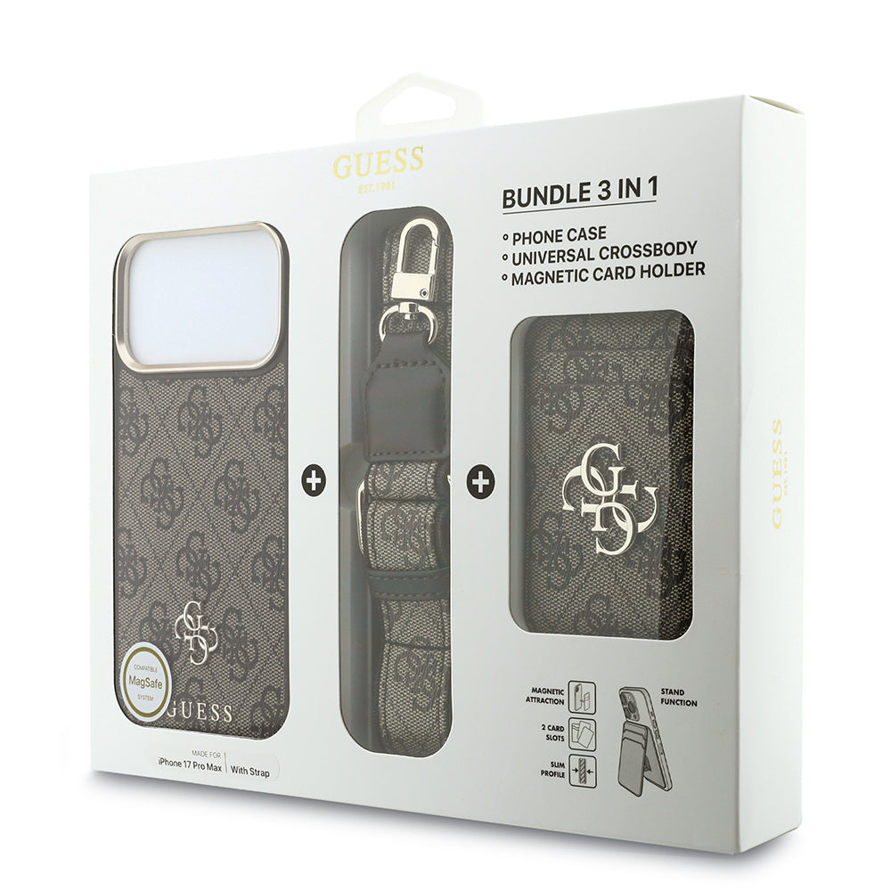 Apple iPhone 17 Pro Max Kılıf Guess Orjinal Lisanslı M-safe Şarj Özellikli Askılı ve 4G Metal Logolu Kartlıklı Kapak Kahverengi