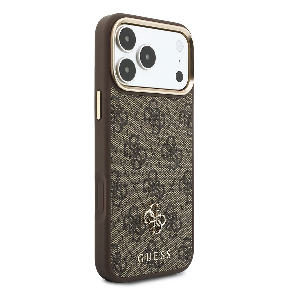 Apple iPhone 17 Pro Max Kılıf Guess Orjinal Lisanslı M-safe Şarj Özellikli Askılı ve 4G Metal Logolu Kartlıklı Kapak Kahverengi