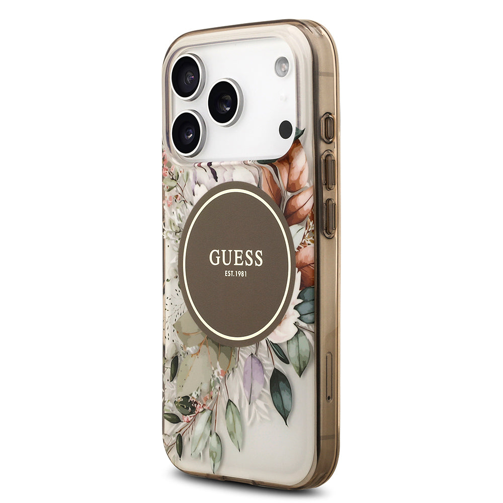 Apple iPhone 17 Pro Max Kılıf Guess Orjinal Lisanslı M-safe Şarj Özellikli Flower Tonal Circle Kapak Kahverengi