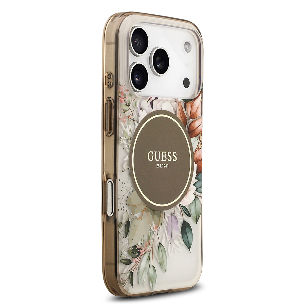 Apple iPhone 17 Pro Max Kılıf Guess Orjinal Lisanslı M-safe Şarj Özellikli Flower Tonal Circle Kapak Kahverengi