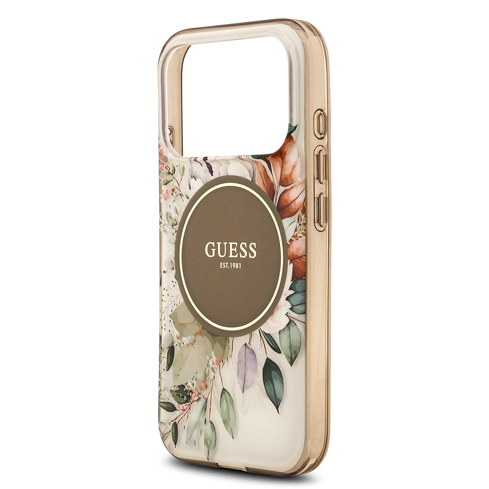 Apple iPhone 17 Pro Max Kılıf Guess Orjinal Lisanslı M-safe Şarj Özellikli Flower Tonal Circle Kapak Kahverengi