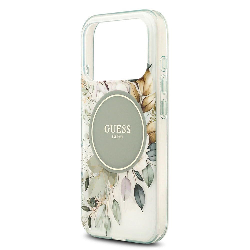 Apple iPhone 17 Pro Max Kılıf Guess Orjinal Lisanslı M-safe Şarj Özellikli Flower Tonal Circle Kapak Yeşil