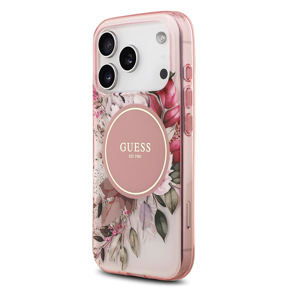 Apple iPhone 17 Pro Max Kılıf Guess Orjinal Lisanslı M-safe Şarj Özellikli Flower Tonal Circle Kapak Pembe