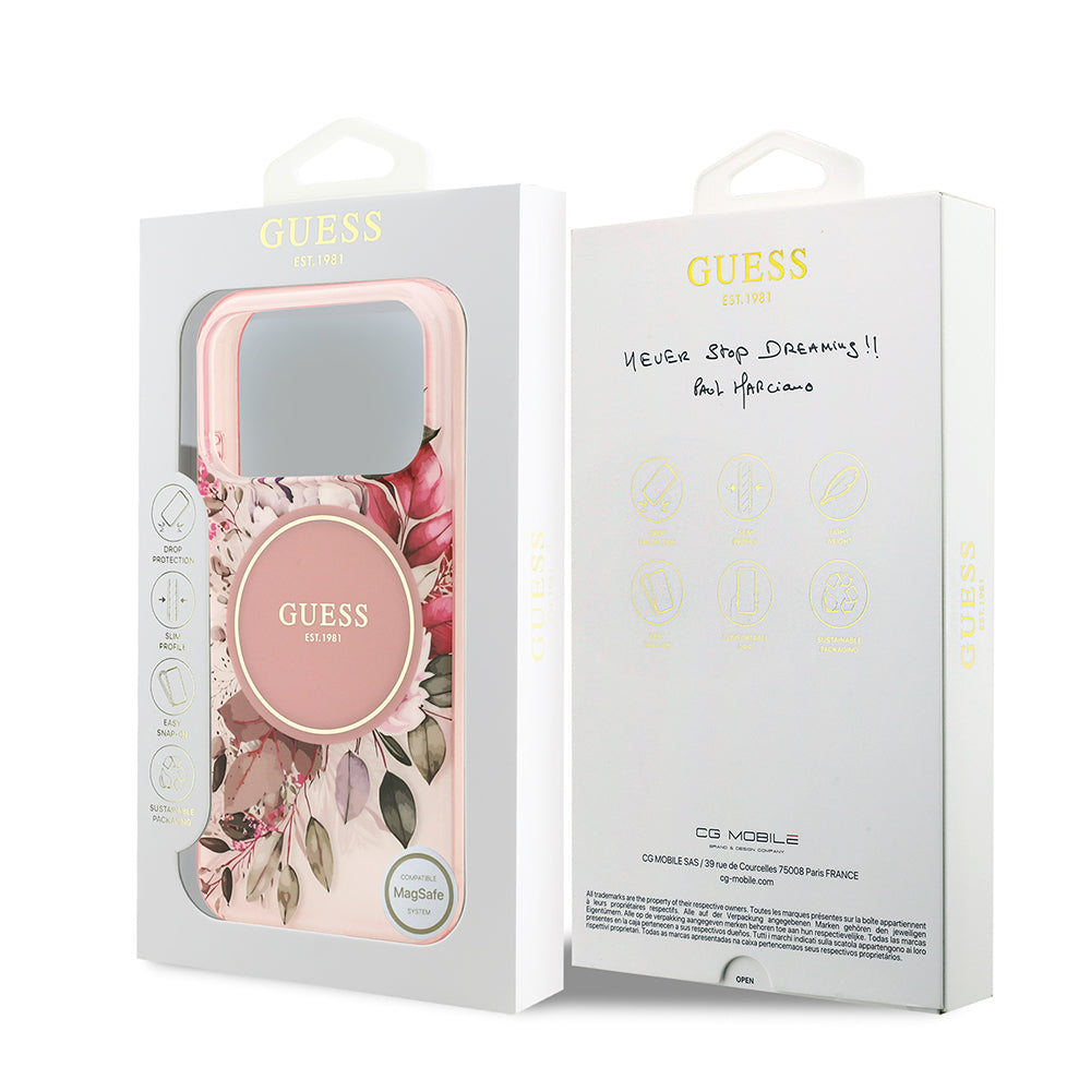 Apple iPhone 17 Pro Max Kılıf Guess Orjinal Lisanslı M-safe Şarj Özellikli Flower Tonal Circle Kapak Pembe
