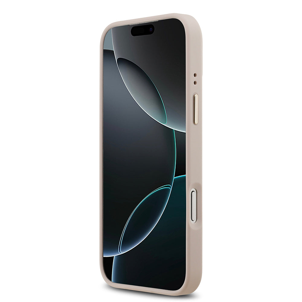 Apple iPhone 17 Pro Max Kılıf Guess Orjinal Lisanslı M-safe Şarj Özellikli Gold Metal Kamera Çerçeveli PU Deri 4G Desenli Yazı Logolu Kapak Pembe