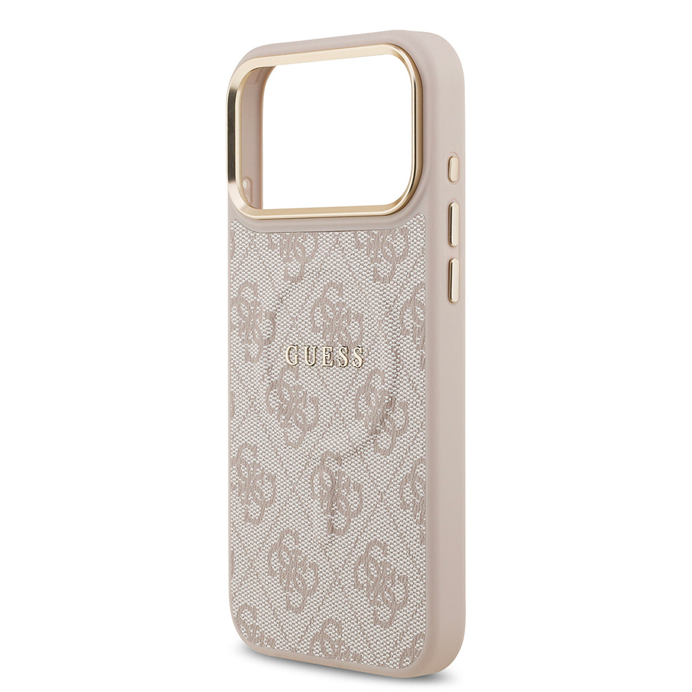 Apple iPhone 17 Pro Max Kılıf Guess Orjinal Lisanslı M-safe Şarj Özellikli Gold Metal Kamera Çerçeveli PU Deri 4G Desenli Yazı Logolu Kapak Pembe