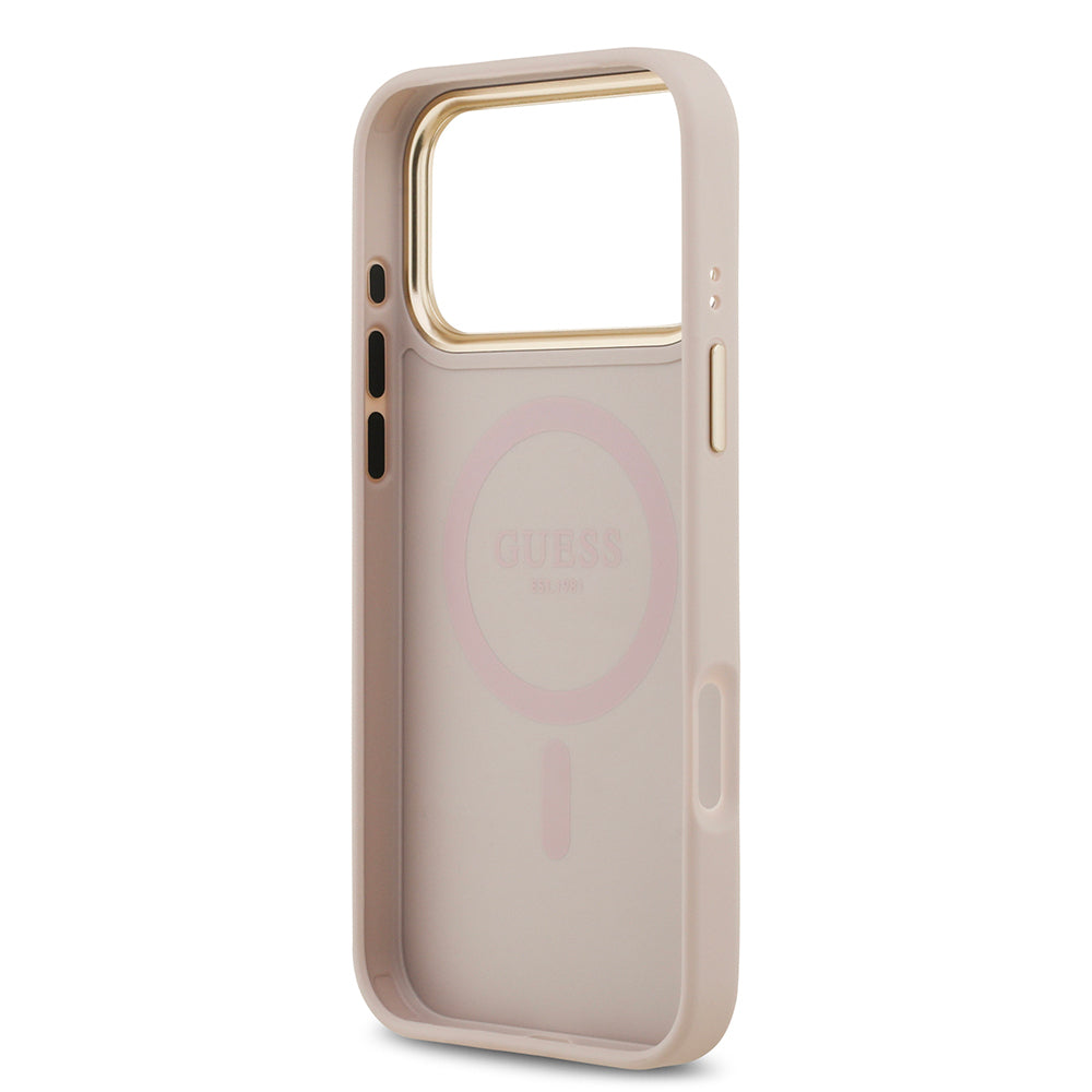 Apple iPhone 17 Pro Max Kılıf Guess Orjinal Lisanslı M-safe Şarj Özellikli Gold Metal Kamera Çerçeveli PU Deri 4G Desenli Yazı Logolu Kapak Pembe