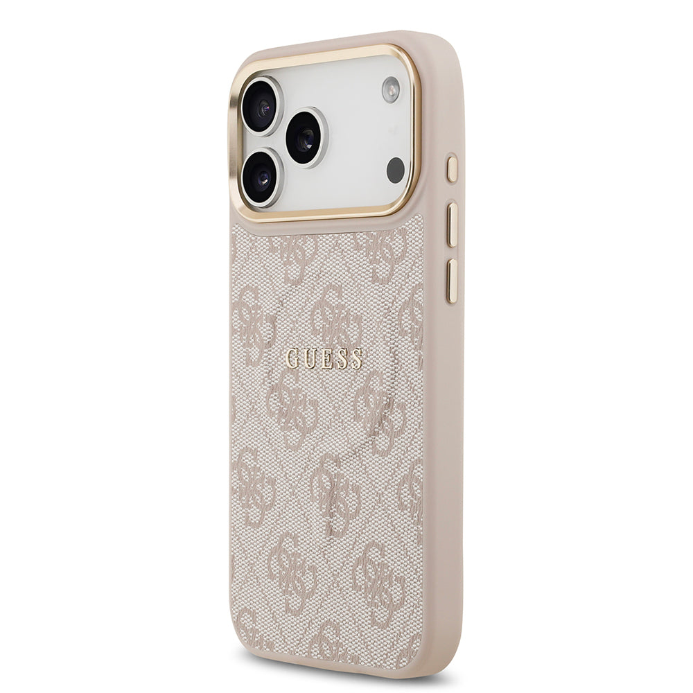 Apple iPhone 17 Pro Max Kılıf Guess Orjinal Lisanslı M-safe Şarj Özellikli Gold Metal Kamera Çerçeveli PU Deri 4G Desenli Yazı Logolu Kapak Pembe