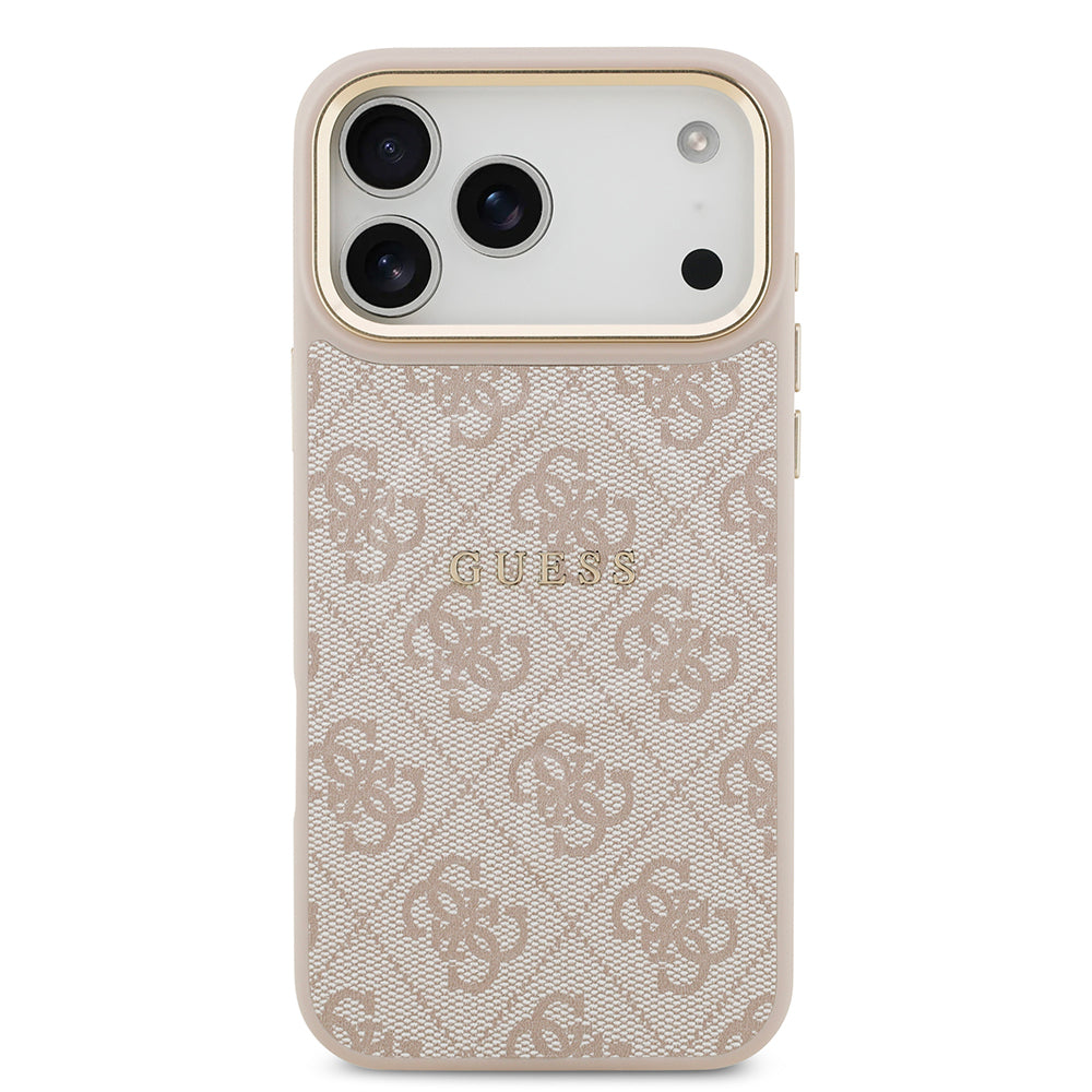 Apple iPhone 17 Pro Max Kılıf Guess Orjinal Lisanslı M-safe Şarj Özellikli Gold Metal Kamera Çerçeveli PU Deri 4G Desenli Yazı Logolu Kapak Pembe