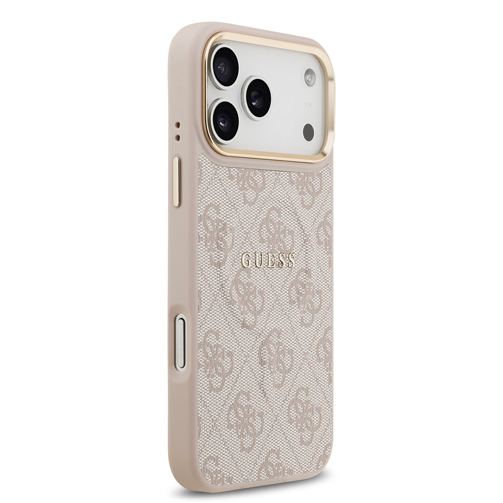 Apple iPhone 17 Pro Max Kılıf Guess Orjinal Lisanslı M-safe Şarj Özellikli Gold Metal Kamera Çerçeveli PU Deri 4G Desenli Yazı Logolu Kapak Pembe