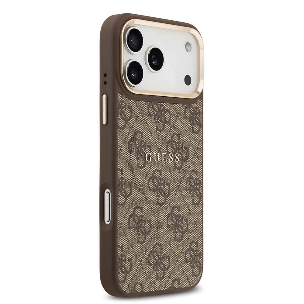Apple iPhone 17 Pro Max Kılıf Guess Orjinal Lisanslı M-safe Şarj Özellikli Gold Metal Kamera Çerçeveli PU Deri 4G Desenli Yazı Logolu Kapak Kahverengi