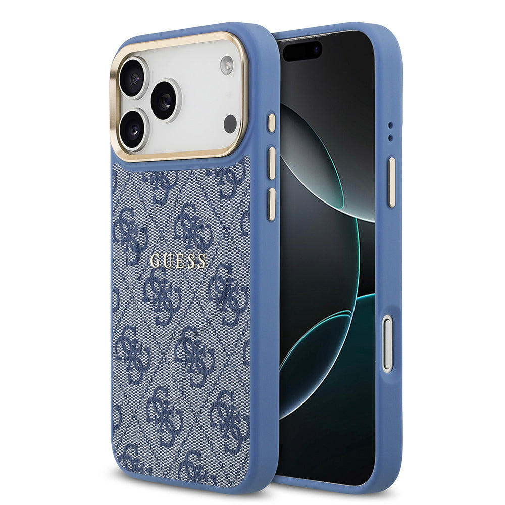 Apple iPhone 17 Pro Max Kılıf Guess Orjinal Lisanslı M-safe Şarj Özellikli Gold Metal Kamera Çerçeveli PU Deri 4G Desenli Yazı Logolu Kapak Mavi