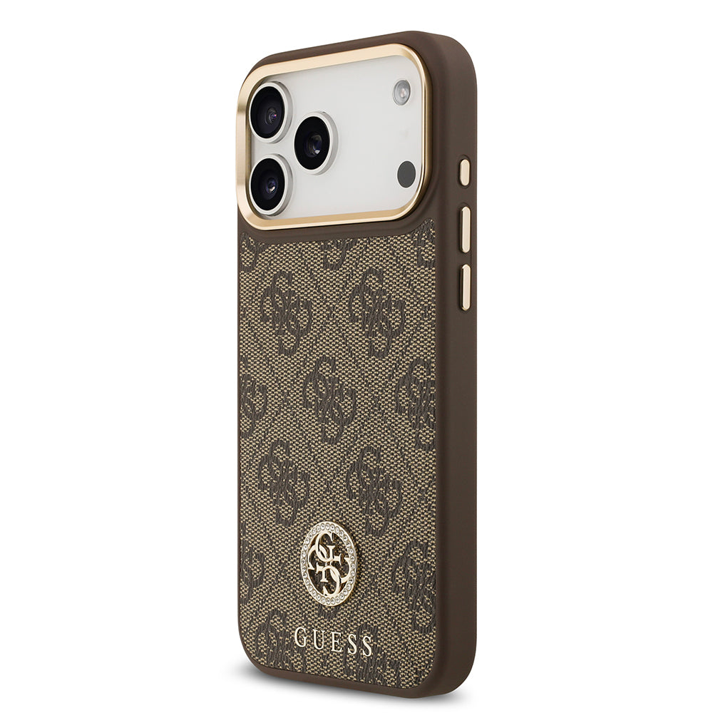 Apple iPhone 17 Pro Max Kılıf Guess Orjinal Lisanslı M-safe Şarj Özellikli Gold Metal Kamera Çerçeveli Taşlı 4G Logolu Kapak Kahverengi