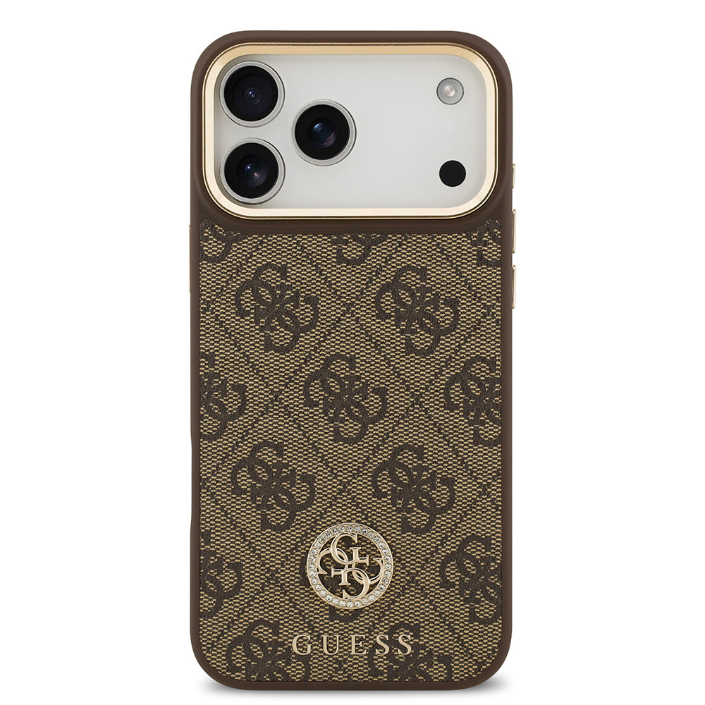 Apple iPhone 17 Pro Max Kılıf Guess Orjinal Lisanslı M-safe Şarj Özellikli Gold Metal Kamera Çerçeveli Taşlı 4G Logolu Kapak Kahverengi