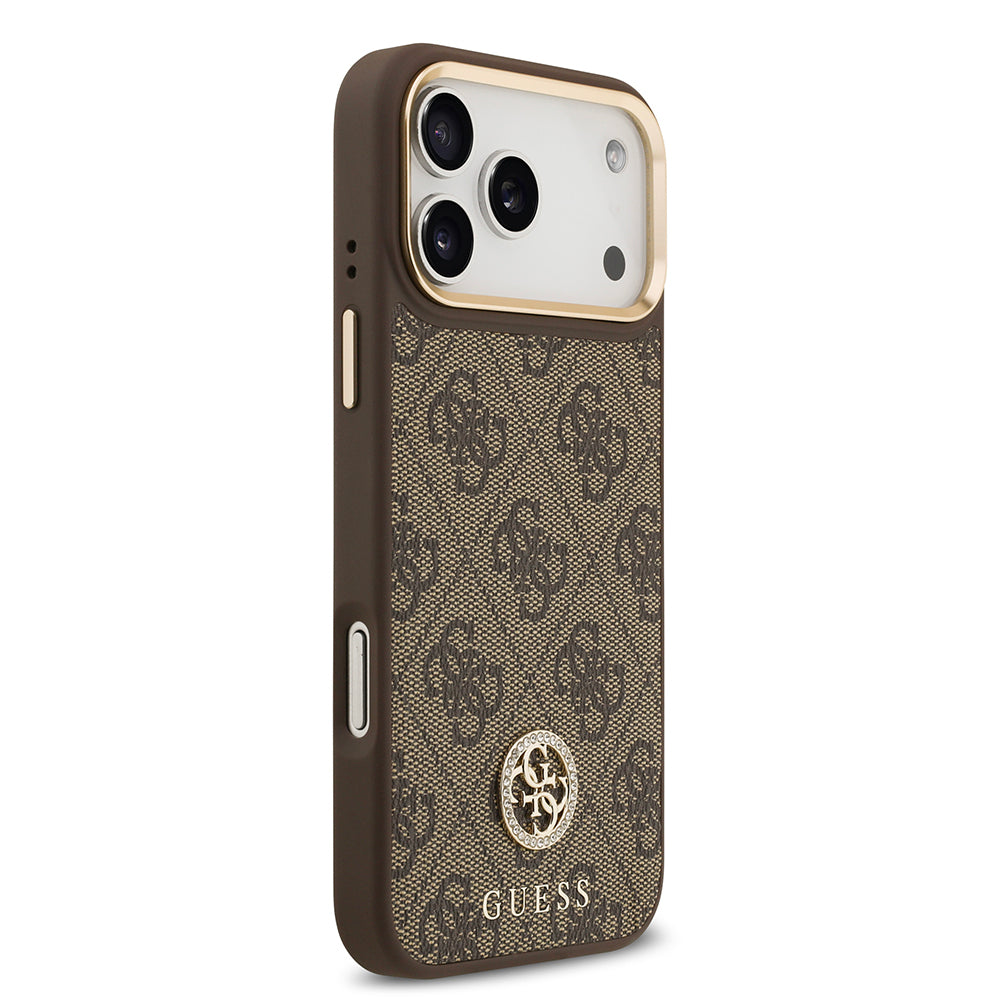 Apple iPhone 17 Pro Max Kılıf Guess Orjinal Lisanslı M-safe Şarj Özellikli Gold Metal Kamera Çerçeveli Taşlı 4G Logolu Kapak Kahverengi