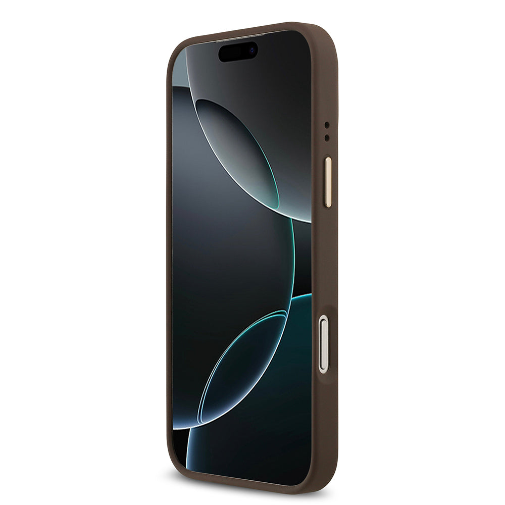 Apple iPhone 17 Pro Max Kılıf Guess Orjinal Lisanslı M-safe Şarj Özellikli Gold Metal Kamera Çerçeveli Taşlı 4G Logolu Kapak Kahverengi