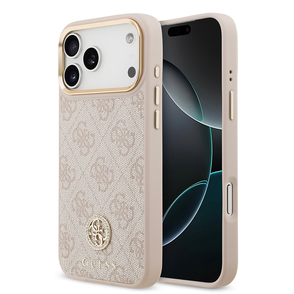 Apple iPhone 17 Pro Max Kılıf Guess Orjinal Lisanslı M-safe Şarj Özellikli Gold Metal Kamera Çerçeveli Taşlı 4G Logolu Kapak Pembe