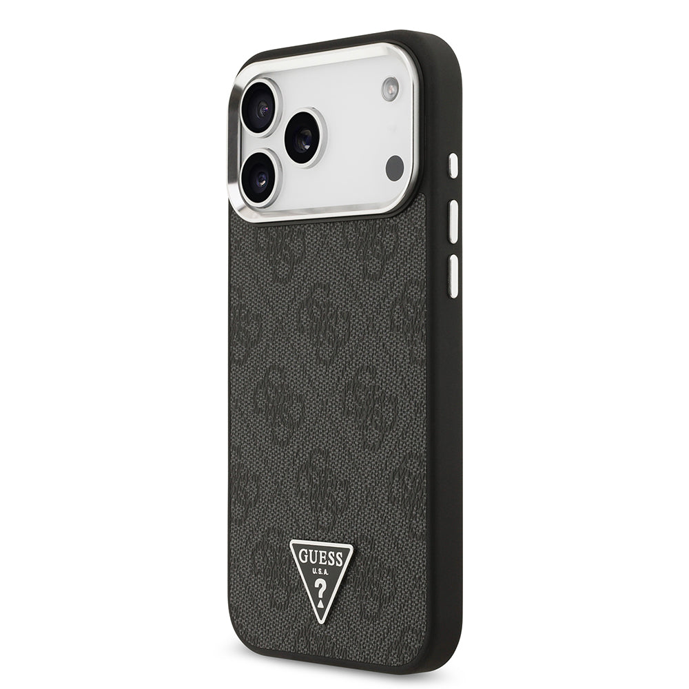 Apple iPhone 17 Pro Max Kılıf Guess Orjinal Lisanslı M-safe Şarj Özellikli Gold Metal Kamera Çerçeveli Taşlı Üçgen Logo 4G Desenli Kapak Siyah