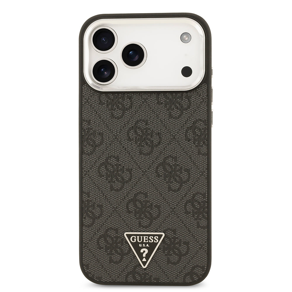 Apple iPhone 17 Pro Max Kılıf Guess Orjinal Lisanslı M-safe Şarj Özellikli Gold Metal Kamera Çerçeveli Taşlı Üçgen Logo 4G Desenli Kapak Siyah