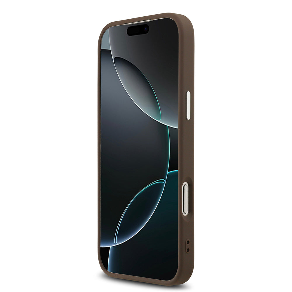 Apple iPhone 17 Pro Max Kılıf Guess Orjinal Lisanslı M-safe Şarj Özellikli Gold Metal Kamera Çerçeveli Taşlı Üçgen Logo 4G Desenli Kapak Kahverengi