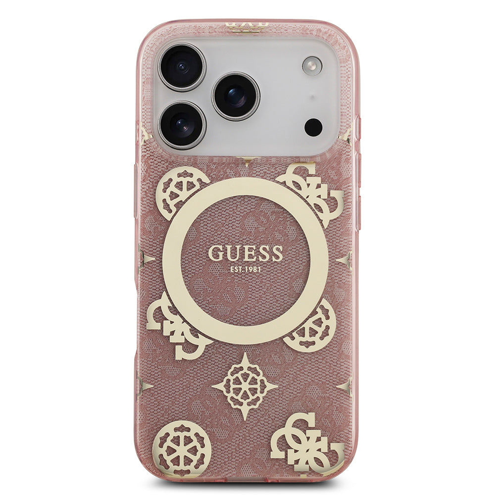Apple iPhone 17 Pro Max Kılıf Guess Orjinal Lisanslı M-safe Şarj Özellikli IML Peony ve 4G Desenli Klasik Logolu Kapak Pembe