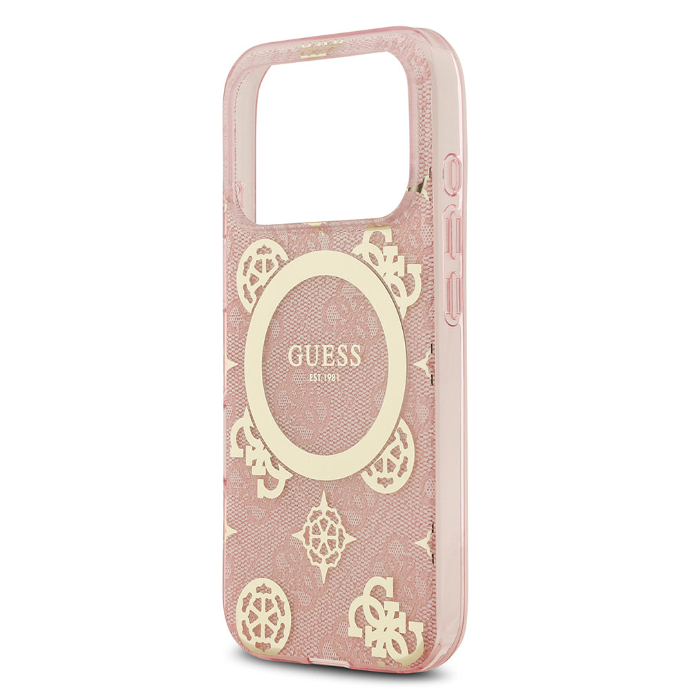 Apple iPhone 17 Pro Max Kılıf Guess Orjinal Lisanslı M-safe Şarj Özellikli IML Peony ve 4G Desenli Klasik Logolu Kapak Pembe