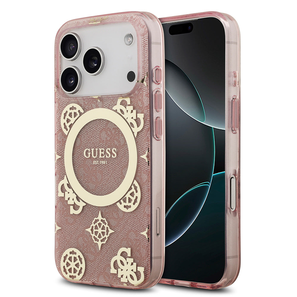 Apple iPhone 17 Pro Max Kılıf Guess Orjinal Lisanslı M-safe Şarj Özellikli IML Peony ve 4G Desenli Klasik Logolu Kapak Pembe