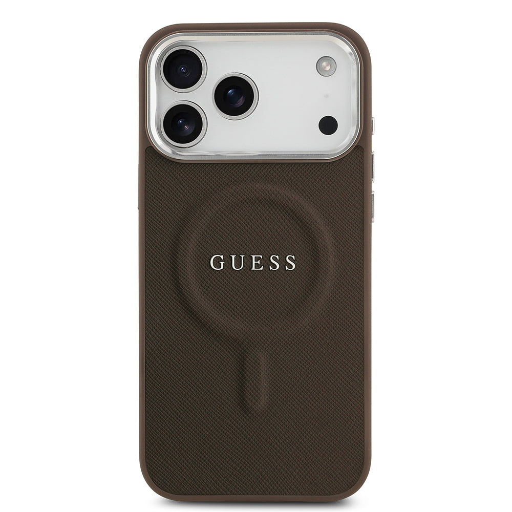 Apple iPhone 17 Pro Max Kılıf Guess Orjinal Lisanslı M-safe Şarj Özellikli Klasik Yazı Logolu PU Deri Kapak Kahverengi