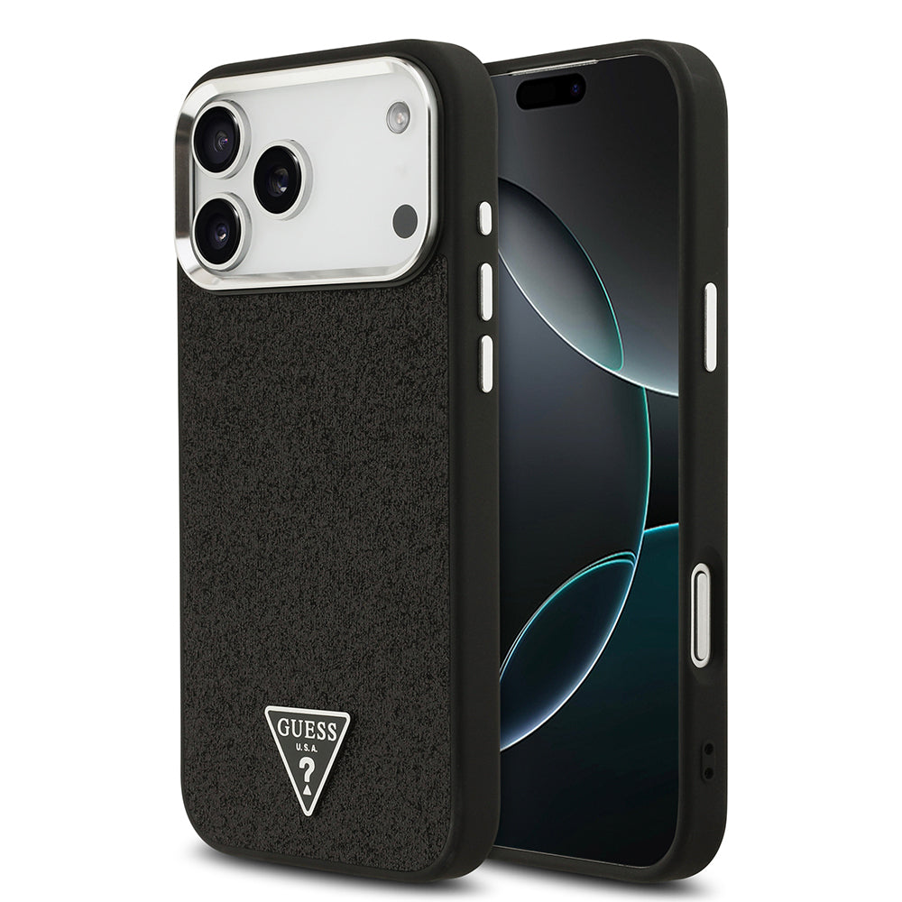 Apple iPhone 17 Pro Max Kılıf Guess Orjinal Lisanslı M-safe Şarj Özellikli Metal Kamera Çerçeveli Üçgen Logolu Glitter Kapak Siyah