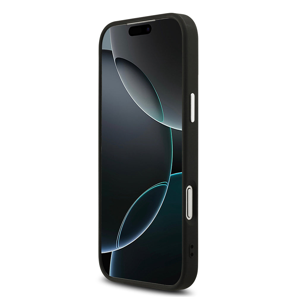 Apple iPhone 17 Pro Max Kılıf Guess Orjinal Lisanslı M-safe Şarj Özellikli Metal Kamera Çerçeveli Üçgen Logolu Glitter Kapak Siyah